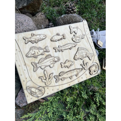 Drewniana Układanka Edukacyjna „Ryby w polskich jeziorach” zestaw niemalowany