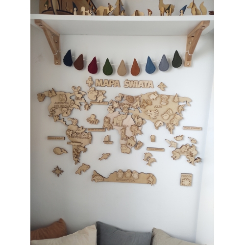 Mapa Świata Zwierząt na magnesy (wzór 2)-kontynenty sklejka 6mm