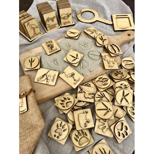 Drewniane stemple "Tropy zwierząt i ich cienie" 33szt.( zwierzęta leśne)