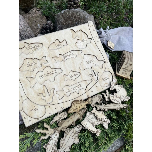 Drewniana Układanka Edukacyjna „Ryby w polskich jeziorach” zestaw niemalowany